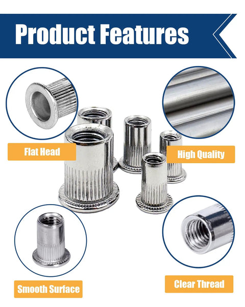 Stainless Steel Rivet Nut Assortment Kit With 505 Pieces featuring flat head and knurled surface details.