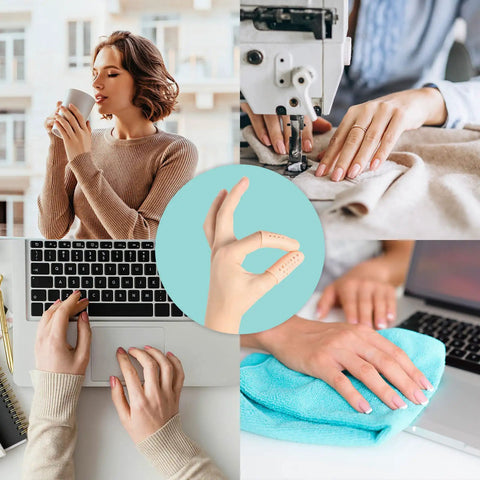 Breathable Gel Finger Cots Pack For Real All Day Comfort No Latex Hassle Silicone Finger Covers shown in various daily activities