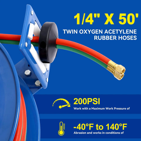 Heavy Duty Welding Hose Reel With Retractable Arm 1/4 Inch By Fifty Feet Twin Oxygen And Acetylene Rubber Hoses Industrial Grade