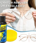 Eyeglass Scratch Remover Kit 30g for lenses and sunnies, includes bottle, sponge, and cloth, shown with eyeglasses being cleaned.