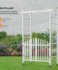 White PVC Garden Arch With Gate For Weddings And Outdoor Decor Insta Worthy Ceremony Backdrop Stand For Garden Or Lawn Trellis For Climbing Plants Durable Backyard Wedding Arch in rainy garden setting