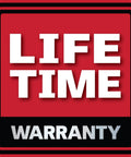 Red and black "Lifetime Warranty" emblem for product assurance and customer guarantee.