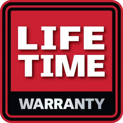 Lifetime warranty badge graphic with red background, white LIFE TIME text and black bottom border