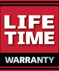 Lifetime warranty badge on red background with black border