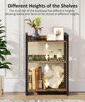 Three Tier Narrow Bookshelf With Edge Protection And Side Cross Tube Design For Picture Frames Statues Easy Peasy Setup Super Solid Storage Rack showing varying shelf heights for books and decor.