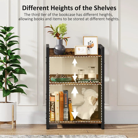 Three Tier Narrow Bookshelf With Edge Protection And Side Cross Tube Design For Picture Frames Statues Easy Peasy Setup Super Solid Storage Rack showing varying shelf heights for books and decor.