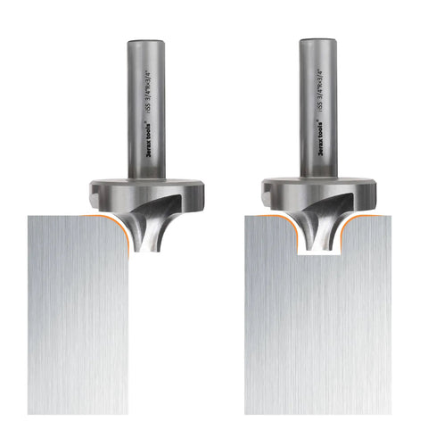 Corner Rounding End Mill Set Pro Grade M2 HSS Four Pcs Milling Cutters showing 1/2'' and 3/4'' round cutting edges on metal sample.