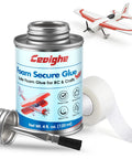 Foam RC Plane Repair Kit With 4 Oz Foam Glue and Hinge Tape Roll next to red and white model airplane
