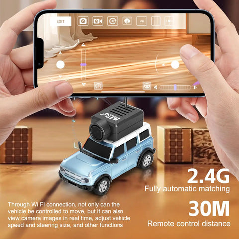 Person using a smartphone to control a WLtoys 1 To 64 Scale Mini RC Car With 720P HD FPV Camera, showing live video feed.