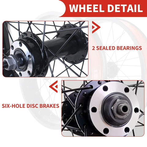 Close-up of Grippy Fat Tire Front And Rear Wheel Set For Snow Beach And E Bike 20 24 26 Inch Disc Brake Wheelset hub detail.