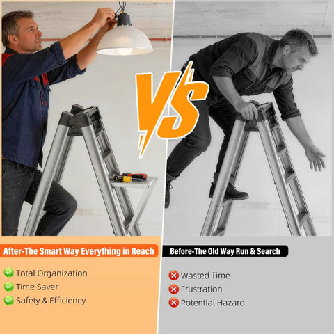 Comparing Heavy Duty Foldable Ladder Platform With Rock Solid Anti Slip Work Shelf Alloy Steel Step Attachment in use for different tasks.
