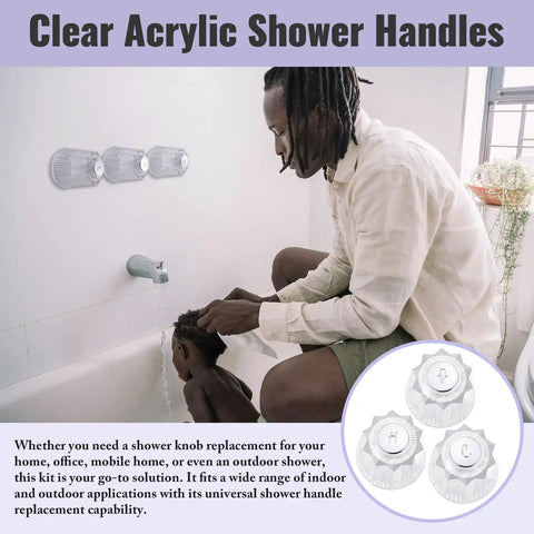 Father using Shower Knob Replacement Kit 3 Piece Set For Price Pfister Bathtub Faucets 12 Point Broach Clear Acrylic Hot Cold Diverter Handles.