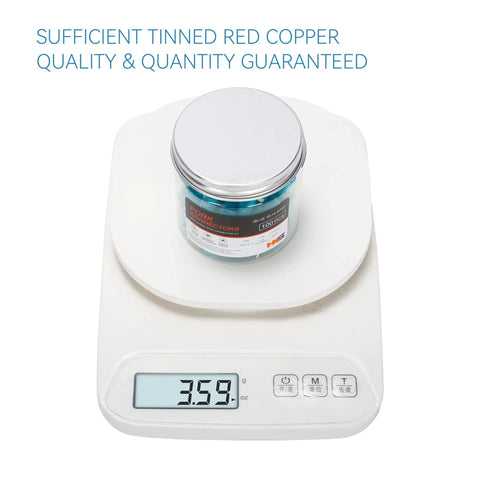 Jar of 100 Pcs Blue No 8 Heat Shrink Fork And Spade Wire Connectors Kit 16-14 Gauge Tinned Red Copper on digital scale