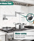 19 Inch Wall Mount Pot Filler Faucet With Folding Stretchable Swing Arm above stove, stainless steel, polished chrome finish