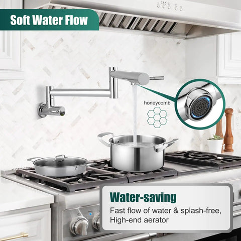 19 Inch Wall Mount Pot Filler Faucet With Folding Stretchable Swing Arm above stove, stainless steel, polished chrome finish