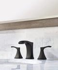 Venturi Widespread 8 Inch Bathroom Sink Faucet With 2 Handles Matte Black Finish, Push And Seal Drain WaterSense Certified Vanity Faucet For 3 Hole Modern Sinks on marble countertop.