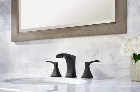 Venturi Widespread 8 Inch Bathroom Sink Faucet With 2 Handles Matte Black Finish, Push And Seal Drain WaterSense Certified Vanity Faucet For 3 Hole Modern Sinks on marble countertop.
