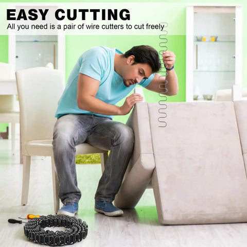 Man cutting Nine Gauge Zig Zag Upholstery Springs One Roll Forty Nine Foot High Carbon Steel Sinuous Support for couch repair.
