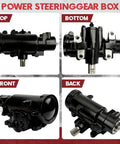 Heavy Duty Power Steering Gearbox For Chevy And Gmc Trucks 1980 To 1991, shown from top, bottom, front, and back views in black finish.