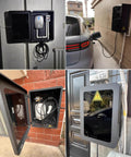 Universal EV Charger Cover Waterproof Outdoor Charging Enclosure With Combo And Key Lock Hella Secure Heavy Duty Weatherproof Protective Housing For Home Garage, various angles showcasing the installed charging units.
