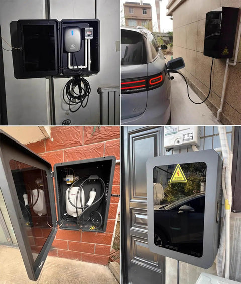 Universal EV Charger Cover Waterproof Outdoor Charging Enclosure With Combo And Key Lock Hella Secure Heavy Duty Weatherproof Protective Housing For Home Garage, various angles showcasing the installed charging units.