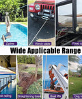 Heavy Duty 1/4 Inch Stainless Steel Cable 50ft With Wire Rope Clamps And Thimble, 6400 Lbs Breaking Strength, 7x19 Aircraft Cable in various applications including zipline and deck railing shown.