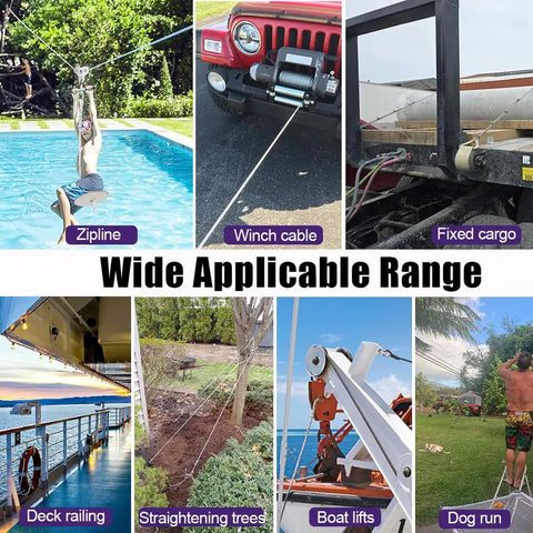 Heavy Duty 1/4 Inch Stainless Steel Cable 50ft With Wire Rope Clamps And Thimble, 6400 Lbs Breaking Strength, 7x19 Aircraft Cable in various applications including zipline and deck railing shown.
