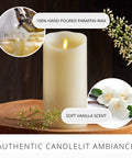 Cozy Flameless LED Candle With Moving Flame Pillar, Remote Ready And Timer, Battery Operated, Vanilla Honey Scent, Ivory