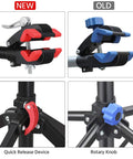 Comparison of new and old clamps showing quick release device and rotary knob on Height Adjustable Bike Repair Stand With Telescopic Arm And Free Tool Tray For Home Bicycle Maintenance And Assembly Beefy And Easy To Use With Adjustable Range From 42.5 To 74.8 Inches.