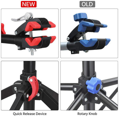 Comparison of new and old clamps showing quick release device and rotary knob on Height Adjustable Bike Repair Stand With Telescopic Arm And Free Tool Tray For Home Bicycle Maintenance And Assembly Beefy And Easy To Use With Adjustable Range From 42.5 To 74.8 Inches.