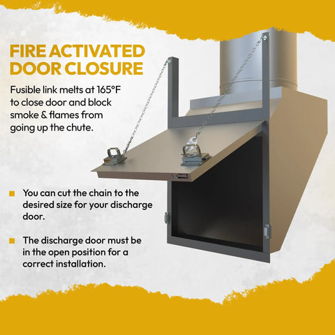 Fire activated door closure with a fusible link melting at 165°F, featuring adjustable chains for the Dead Simple Install Universal 165 Degree Fusible Link Kit For Trash And Laundry Chute Fire Dampers Adjustable 30 Inch Chain Vertical Or Horizontal Built Tough Hardware.
