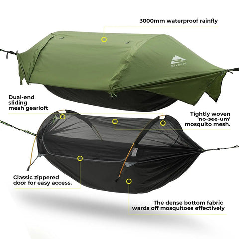 3 In 1 Camping Hammock Tent With Mosquito Net And Rain Fly showing dual-end mesh, door, and 3000mm waterproof cover