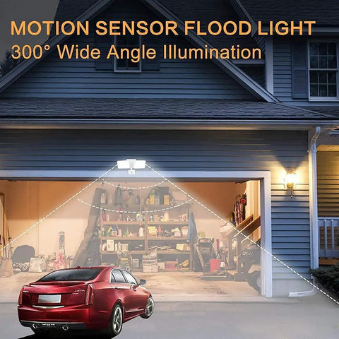 Outdoor Motion Sensor Light 20W LED Flood Fixture With 2 Adjustable Heads illuminating a garage at night with 180 degree sensing