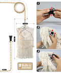 Handmade Macrame Pendant Light With Plug In Cord, 15Ft Hanging Lamp, Hemp Rope Cord, On Off Switch, Three Color Modes