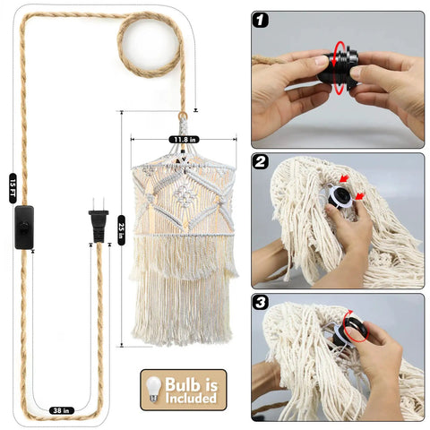 Handmade Macrame Pendant Light With Plug In Cord, 15Ft Hanging Lamp, Hemp Rope Cord, On Off Switch, Three Color Modes