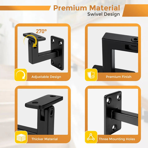 Four Pack Adjustable Handrail Brackets For Stairs Featuring 270 Degree Universal Swivel, showcasing adjustable design and black finish.