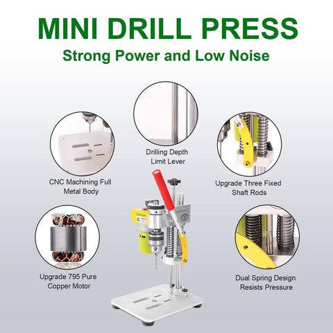 Compact Benchtop Drill Press For Home Crafts And Jewelry Making, Ultra Quiet 7 Speed Drill With B10 Chuck, features illustration