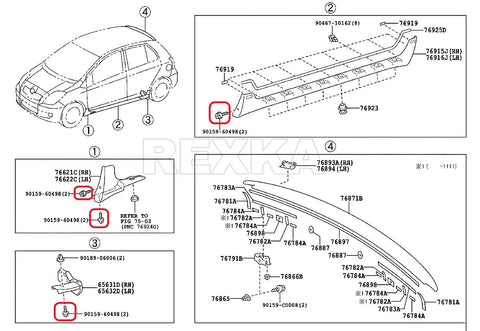 Diagram showing parts list for Toyota and Lexus with bolts. Focus: Boss 30 Piece Bumper Cover Bolt Kit For Toyota And Lexus Models 90159-60498.
