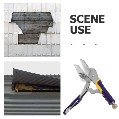 Hand Seamer Straight Jaw Sheet Metal Bender Tool With Textured Locking Pliers, displayed with metal sheets for HVAC ductwork.