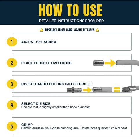 Step-by-step guide for Heavy Duty Ferrule Crimping Tool And Air Hose Repair Kit For Three Eighths, Five Sixteenths, And Quarter Inch ID Hoses