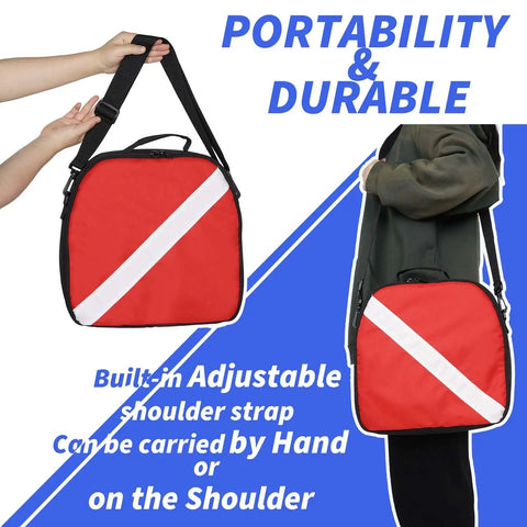 Scuba Regulator Bag With Full Padding, Double Lockable Zippers, Adjustable Strap, Dive Flag Pattern, carried by hand and shoulder.