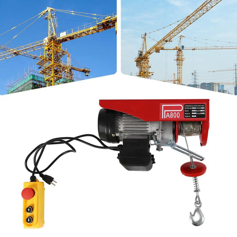 Heavy Duty 1763 Lbs Electric Winch Hoist with 39 Foot Lift Height and Pure Copper Motor, red metal body, remote control for lifting.