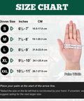 TitanFlex nitrile gloves size chart showing S to XXL sizes and a hand with measuring tape for palm width.