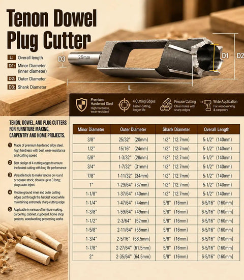 Top Shelf Wood Tenon Dowel Plug Cutter 1-1/8 Inch Heavy Duty Woodworking Drill Bit shown with dimensions and specifications.