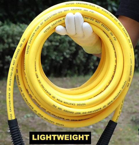 Heavy Duty Hybrid Lead In Air Hose 1/4 Inch By 10 Feet 300 Psi Kink Proof All Weather Flex Lightweight Rubber Pvc Line in hand.
