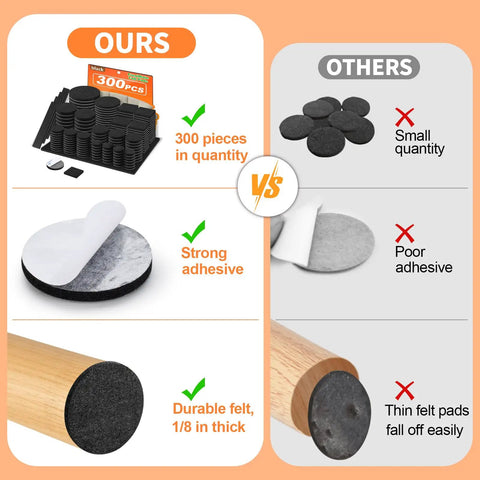 Comparison of Legit Heavy Duty Felt Furniture Pads 300 Piece Pack Black Self Adhesive Glide Sliders against inferior options.