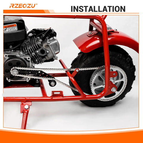 Side view of mini bike with Silver 140 Link Mini Bike Chain With Master Link And Chain Breaker For Predator 79cc to 100cc Engines