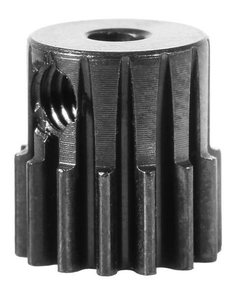 Front view of CHRCOED hardened steel pinion gear, 14T, 2.0mm bore for 1/18 scale RC cars