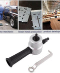 Double Head Sheet Metal Cutter Drill Attachment Nibbler for cutting steel, aluminum, and copper, shown with wrench and car mechanic.