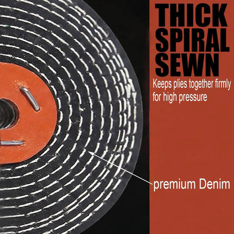 Close-up of Denim Buffing Wheels Eight Inch By Five Eighth Inch Arbor With Thick Spiral Sewn Design for High Pressure Polishing.
